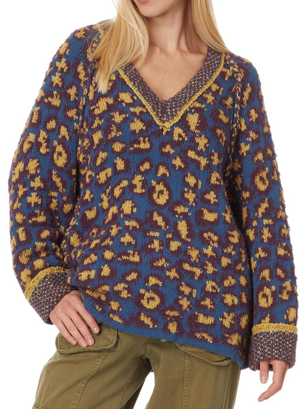 Free People Multicolor Chunky Knit Pullover in Blue, Mustard & Burgundy